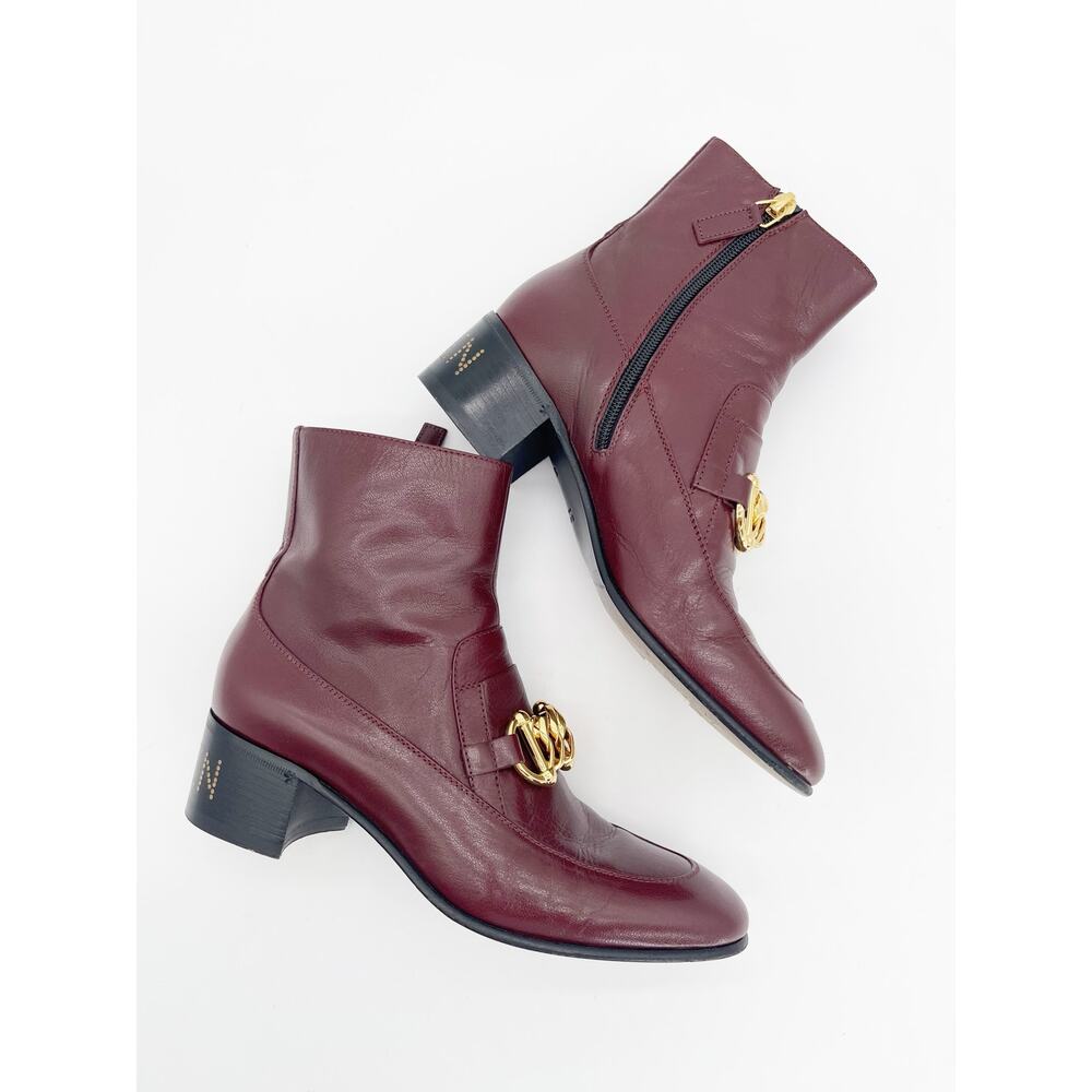 Gucci Burgundy Leather Chain Horsebit Kitten Block Heel Ankle Boots EU 37 - Picture 3 of 11